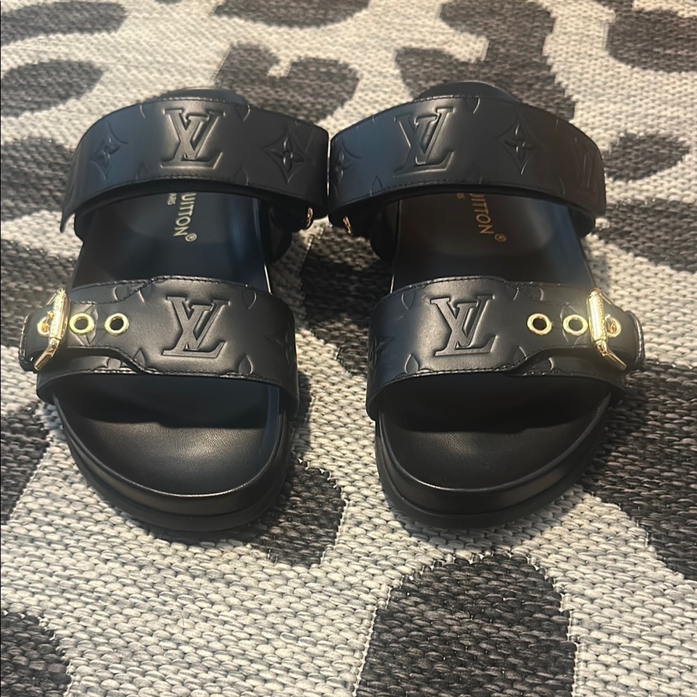 Louis Vuitton “Bom Dia” Black Sandals with Gold Details - Picture 11 of 16